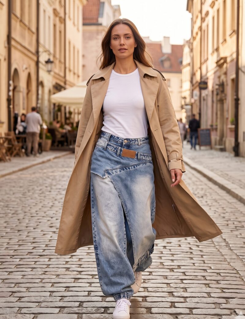 Jeansy damskie z asymetryczną nakładką, szerokie, z mankietami - modelka na brukowanej uliczce starego miasta, beżowy trencz, białe sneakersy