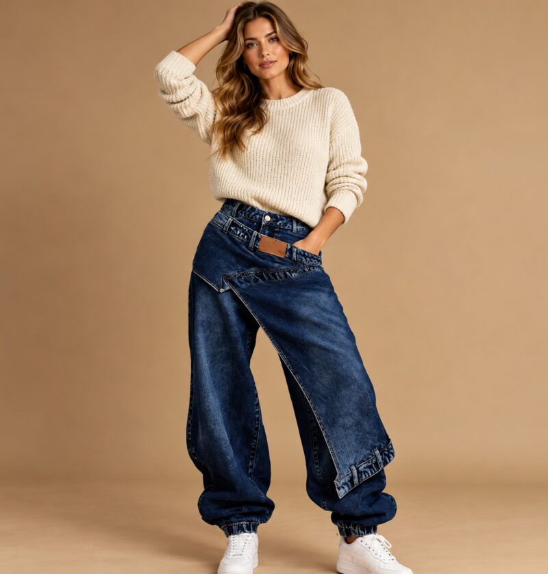 Jeansy damskie baggy z asymetrycznym panelem, wysoki stan, ściągacze - studio z tłem w kolorze piasku, wariant granatowy