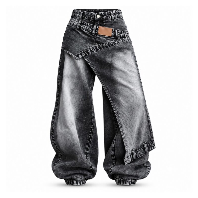 Jeansy damskie baggy z asymetrycznym panelem, wysoki stan, ściągacze - wariant czarny, S