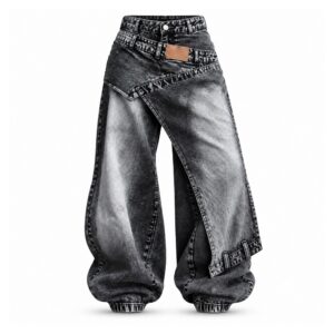 Jeansy damskie baggy z asymetrycznym panelem, wysoki stan, ściągacze - wariant czarny, XL