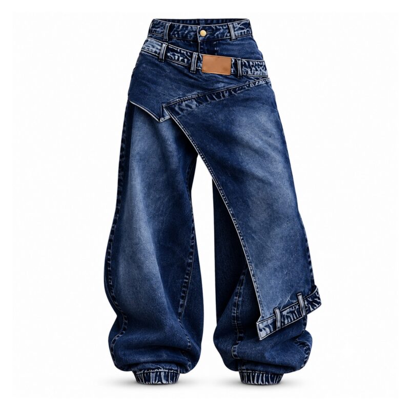 Jeansy damskie baggy z asymetrycznym panelem, wysoki stan, ściągacze - wariant granatowy, M