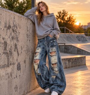 Jeansy damskie szerokie baggy z dziurami, wysoki stan, niebieskie - sesja w kawiarni, modelka w spodniach i dopasowanej stylizacji