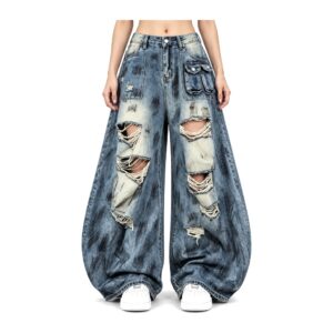 Jeansy damskie szerokie baggy z dziurami, wysoki stan, niebieskie - zdjęcie główne