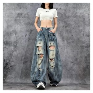 Jeansy damskie szerokie baggy z dziurami, wysoki stan, niebieskie - wariant niebieski, 3XL