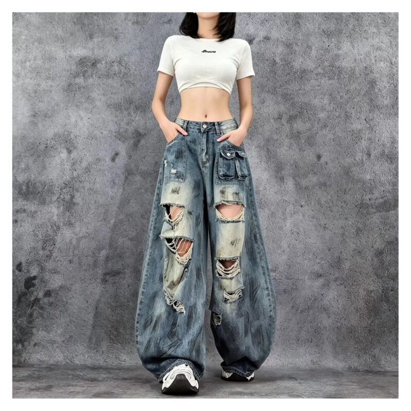 Jeansy damskie szerokie baggy z dziurami, wysoki stan, niebieskie - wariant niebieski, 3XL