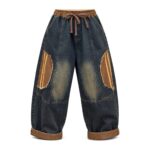 Jeansy damskie baggy z łatami patchwork, gumka ze sznurkiem, vintage - zdjęcie główne