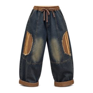 Jeansy damskie baggy z łatami patchwork, gumka ze sznurkiem, vintage - zdjęcie główne