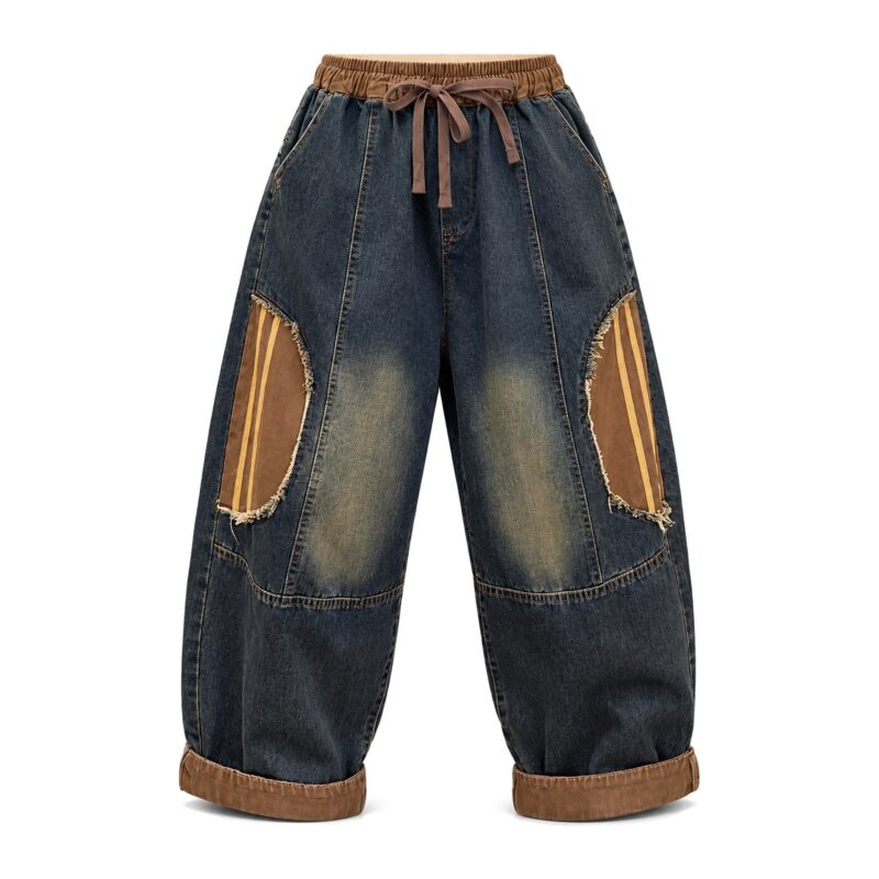Jeansy damskie baggy z łatami patchwork, gumka ze sznurkiem, vintage - zdjęcie główne