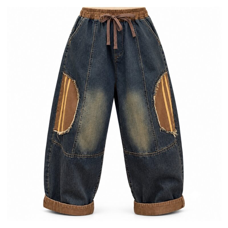 Jeansy damskie baggy z łatami patchwork, gumka ze sznurkiem, vintage - wariant niebieski