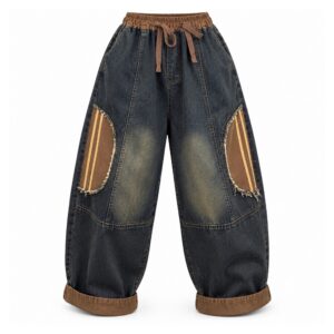 Jeansy damskie baggy z łatami patchwork, gumka ze sznurkiem, vintage - wariant czarny