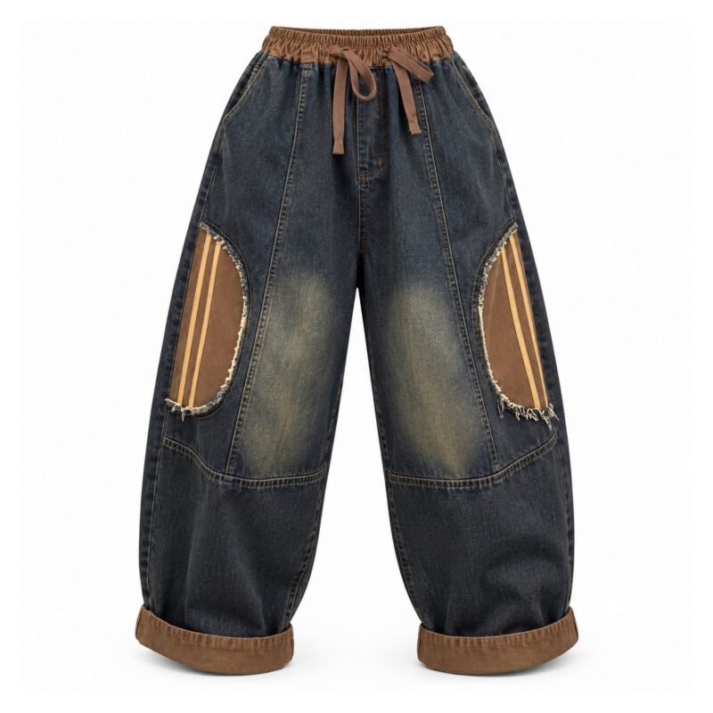 Jeansy damskie baggy z łatami patchwork, gumka ze sznurkiem, vintage - wariant czarny