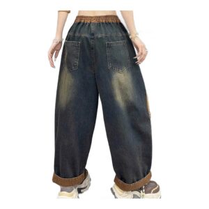 Jeansy damskie baggy z łatami patchwork, gumka ze sznurkiem, vintage - tył niebieskich jeansów z kieszeniami, ghost mannequin