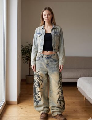 Jeansy damskie baggy z nadrukiem tribal, efekt sprania vintage - jasne mieszkanie, stylizacja z krótką kurtką jeansową, czarnym topem i brązowymi trapperami