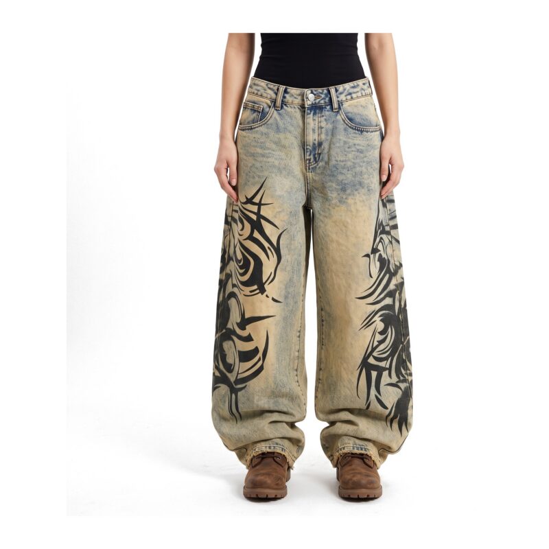 Jeansy damskie baggy z nadrukiem tribal, efekt sprania vintage - zdjęcie główne