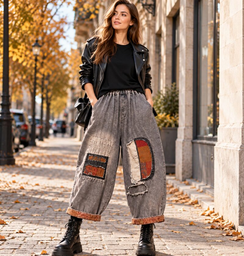 Jeansy damskie baggy z naszywkami patchwork, gumka w pasie, szare - miejska ulica jesienią, stylizacja z czarnym T-shirtem, skórzaną kurtką i botkami na grubej podeszwie