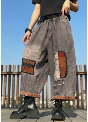 Jeansy damskie baggy z naszywkami patchwork, gumka w pasie, szare - sesja plenerowa, luźna stylizacja z balonowymi nogawkami