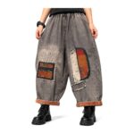 Jeansy damskie baggy z naszywkami patchwork, gumka w pasie, szare - zdjęcie główne