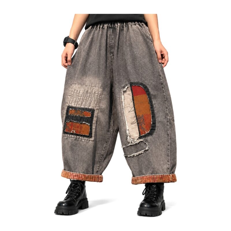 Jeansy damskie baggy z naszywkami patchwork, gumka w pasie, szare - zdjęcie główne