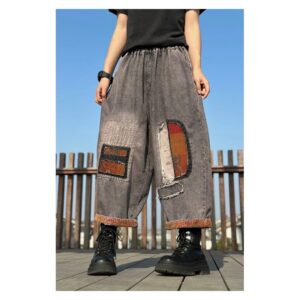 Jeansy damskie baggy z naszywkami patchwork, gumka w pasie, szare - wariant wariant