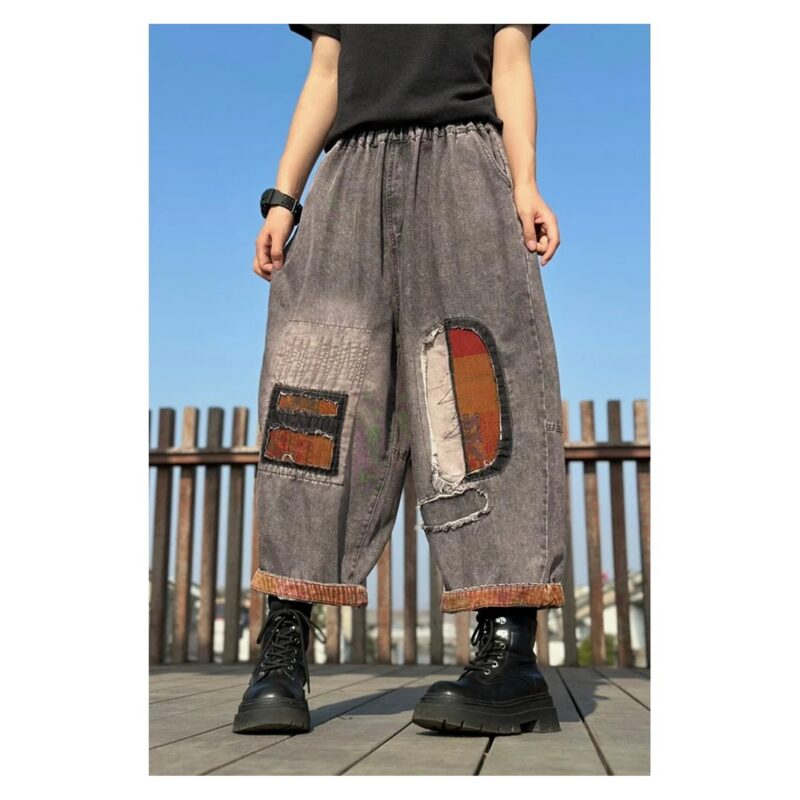 Jeansy damskie baggy z naszywkami patchwork, gumka w pasie, szare - wariant wariant