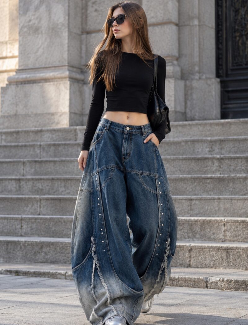 Jeansy damskie baggy z nitami i cieniowaniem, szerokie nogawki - modelka w niebieskich jeansach baggy na miejskiej ulicy z betonowymi schodami, sportowe buty na grubej podeszwie