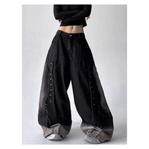Jeansy damskie baggy z nitami i cieniowaniem, szerokie nogawki - wariant czarny, S