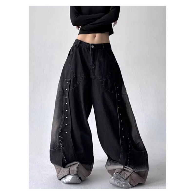 Jeansy damskie baggy z nitami i cieniowaniem, szerokie nogawki - wariant czarny, S