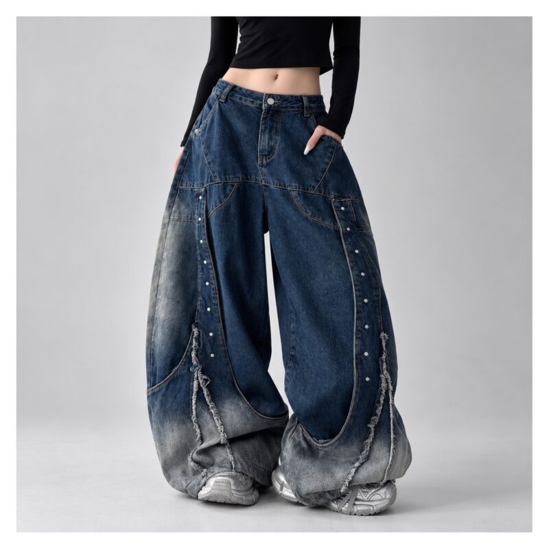 Jeansy damskie baggy z nitami i cieniowaniem, szerokie nogawki - wariant niebieski, S