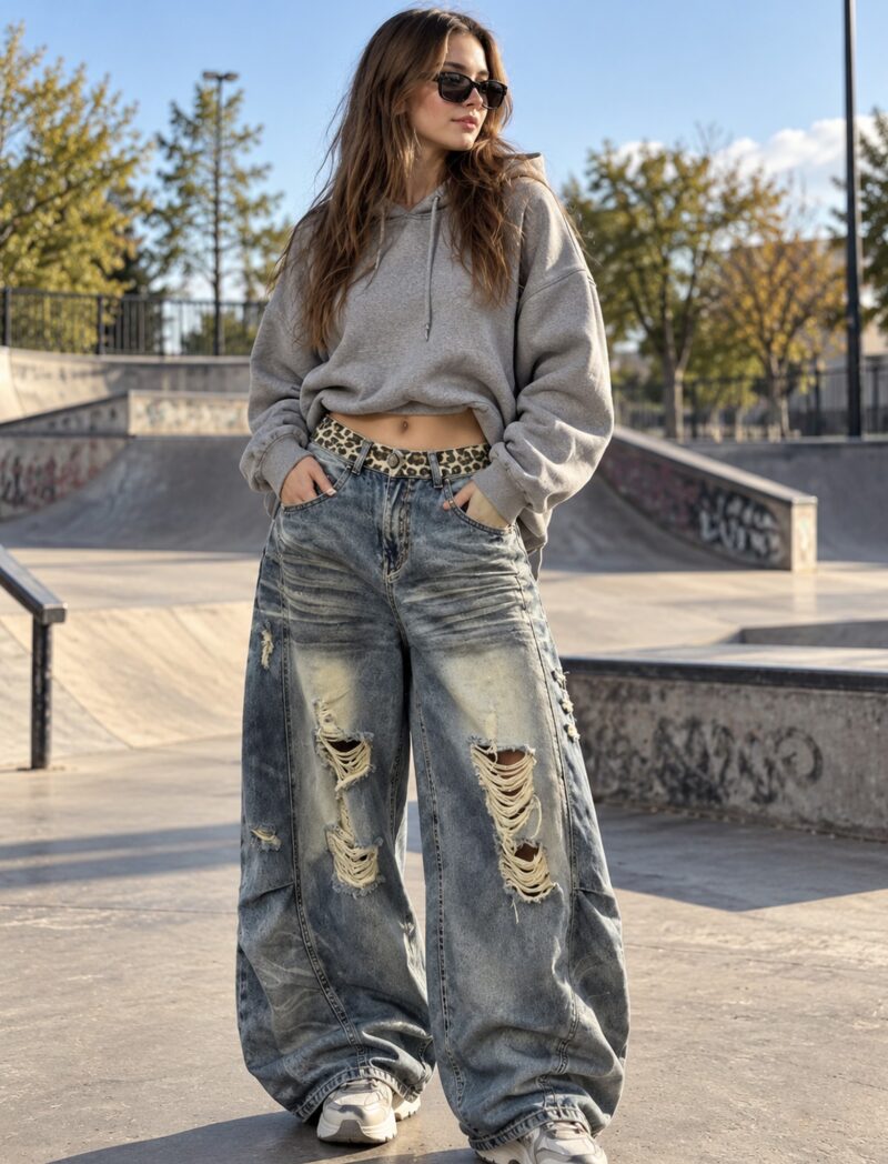 Jeansy damskie baggy z pasem w panterkę, przetarcia, wysoki stan - modelka w jeansach baggy z pasem w panterkę na skateparku, oversize bluza