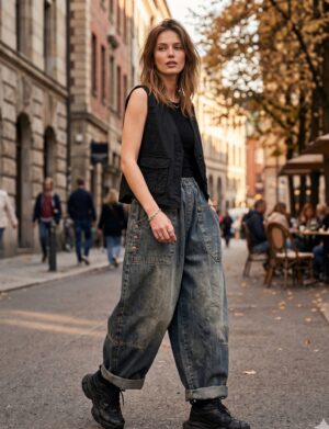 Jeansy damskie baloniaste na gumce, szerokie, sprane vintage - jesienna miejska ulica, modelka w niebieskich baloniastych jeansach, czarnej kamizelce i masywnych butach