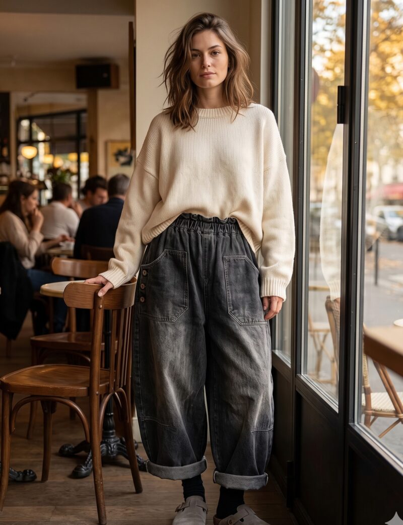 Jeansy damskie baloniaste na gumce, szerokie, sprane vintage - modelka w czarnych baloniastych jeansach w kawiarni przy oknie