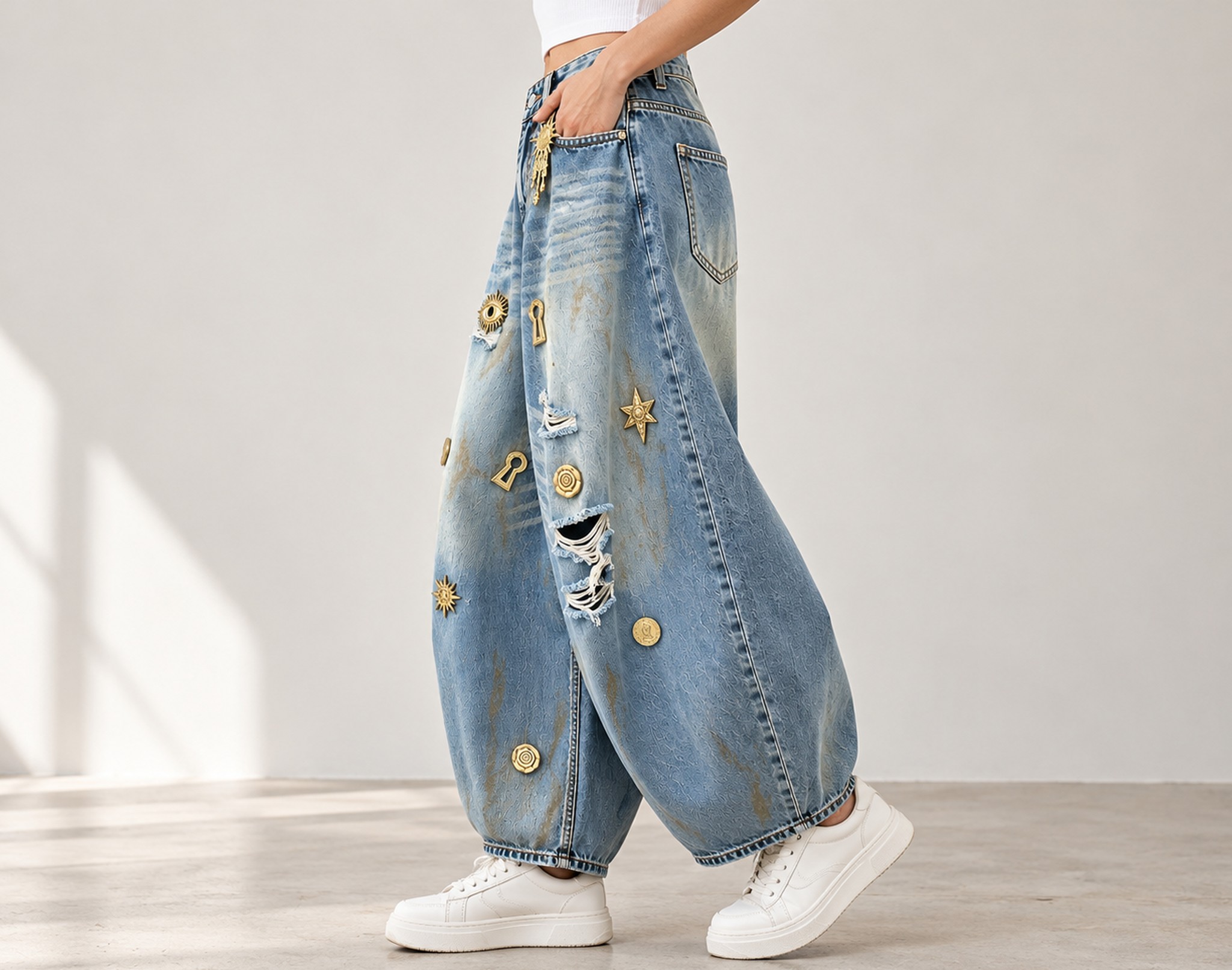 modelka w jeansach z boku, widoczna zaokrąglona linia nogawek