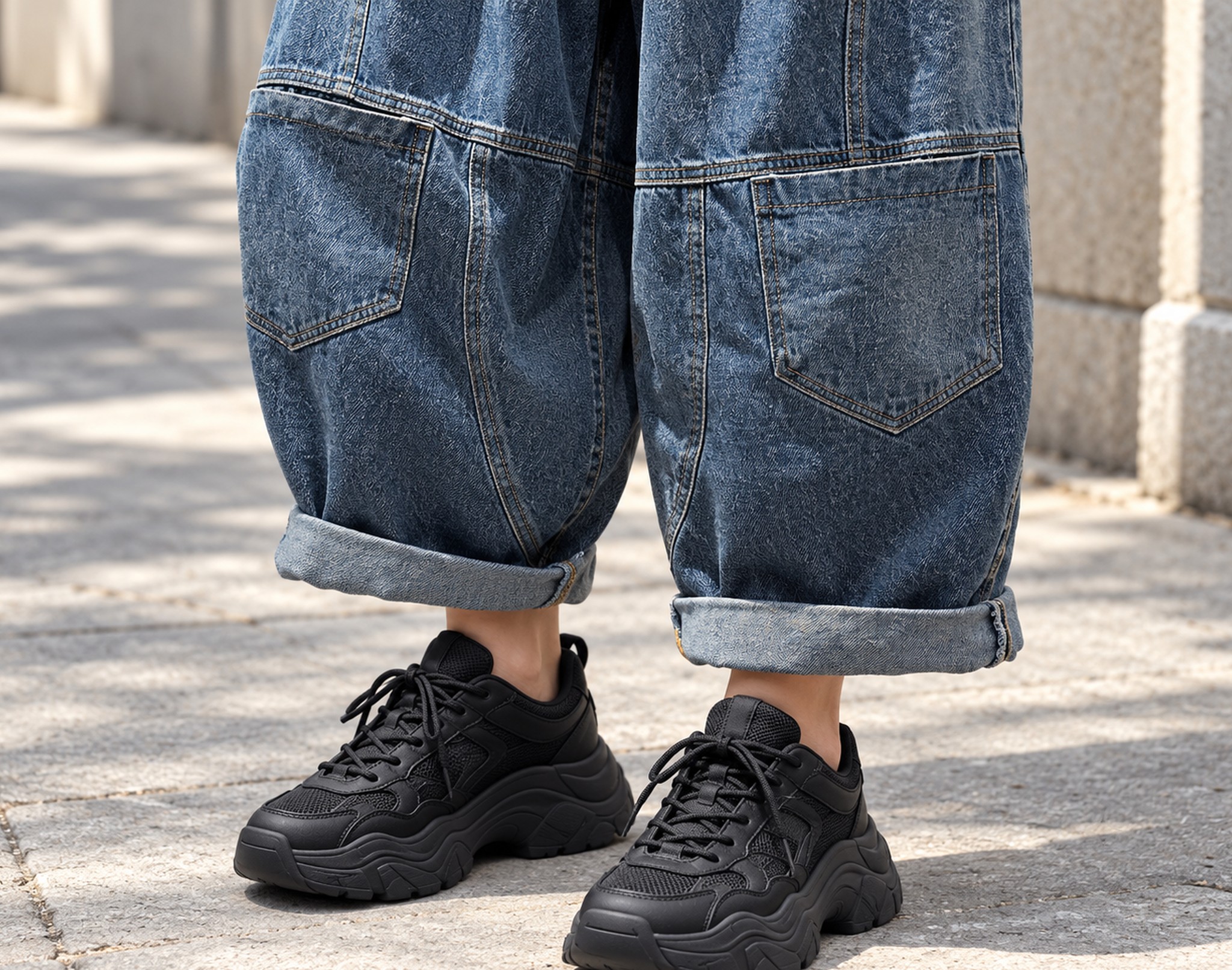 podwinięte mankiety nad kostką i masywne sneakersy na miejskim chodniku
