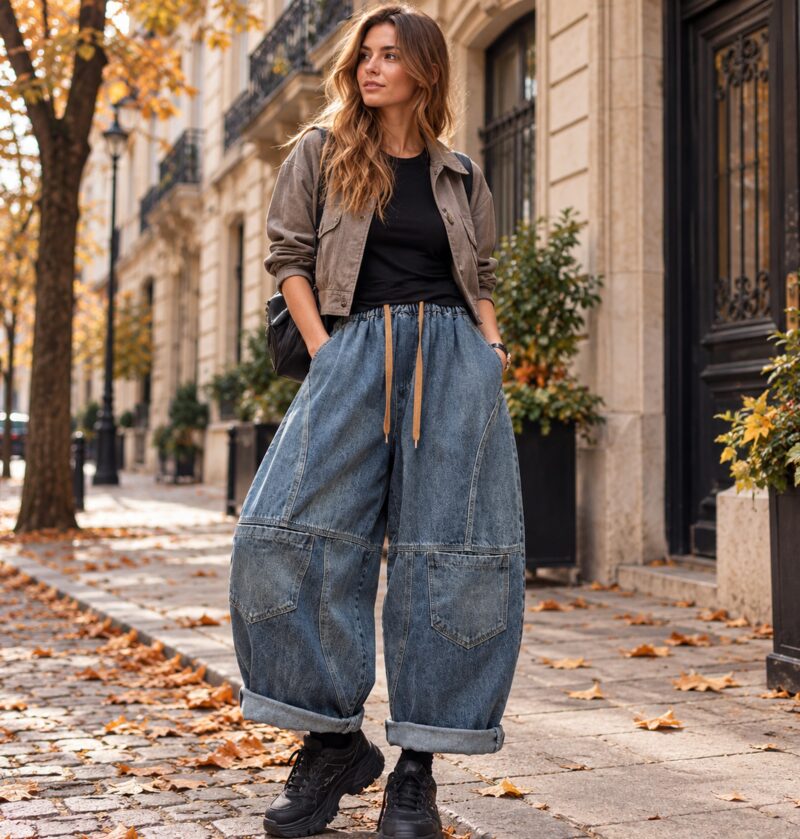 Jeansy damskie balonowe na gumce ze sznurkiem, szerokie, vintage - miejska ulica jesienią, modelka w niebieskich balonowych jeansach, krótka kurtka, masywne sneakersy