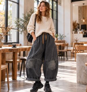 Jeansy damskie balonowe na gumce ze sznurkiem, szerokie, vintage - jasna kawiarnia, modelka w czarnych spranych jeansach balonowych i kremowym swetrze