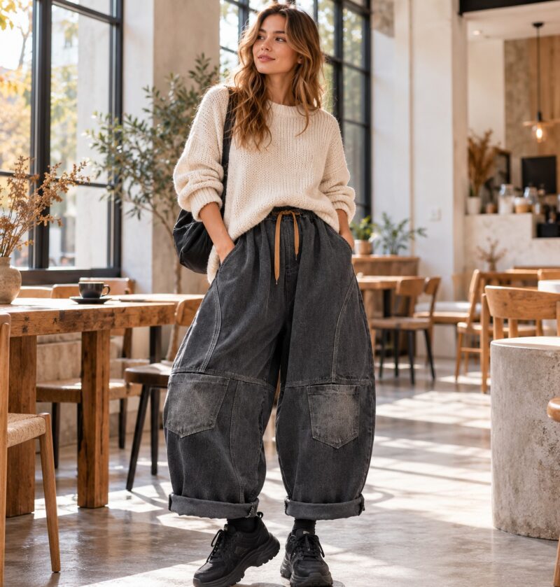 Jeansy damskie balonowe na gumce ze sznurkiem, szerokie, vintage - jasna kawiarnia, modelka w czarnych spranych jeansach balonowych i kremowym swetrze