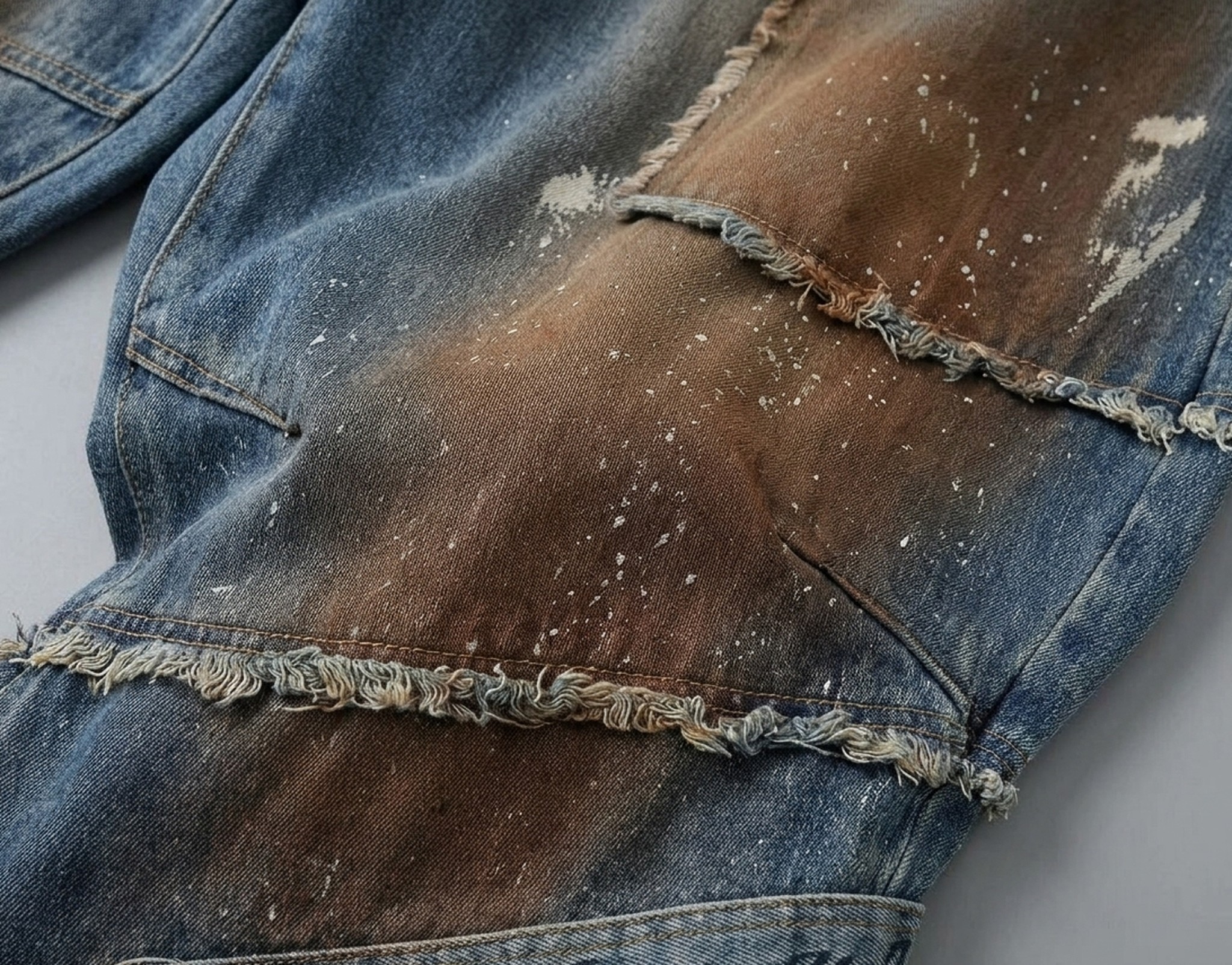 zbliżenie nogawki przy kolanie: przejście niebieskiego denimu w brąz i jasne zachlapania