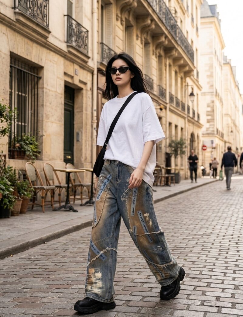 Jeansy damskie baryłkowe patchwork z postrzępionymi łatami, wysoki stan - miejska ulica, biała koszulka oversize, czarne buty