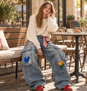 Jeansy damskie cargo szerokie z naszywkami frotte, wysoki stan, Y2K - sesja w kawiarni, modelka w spodniach i dopasowanej stylizacji