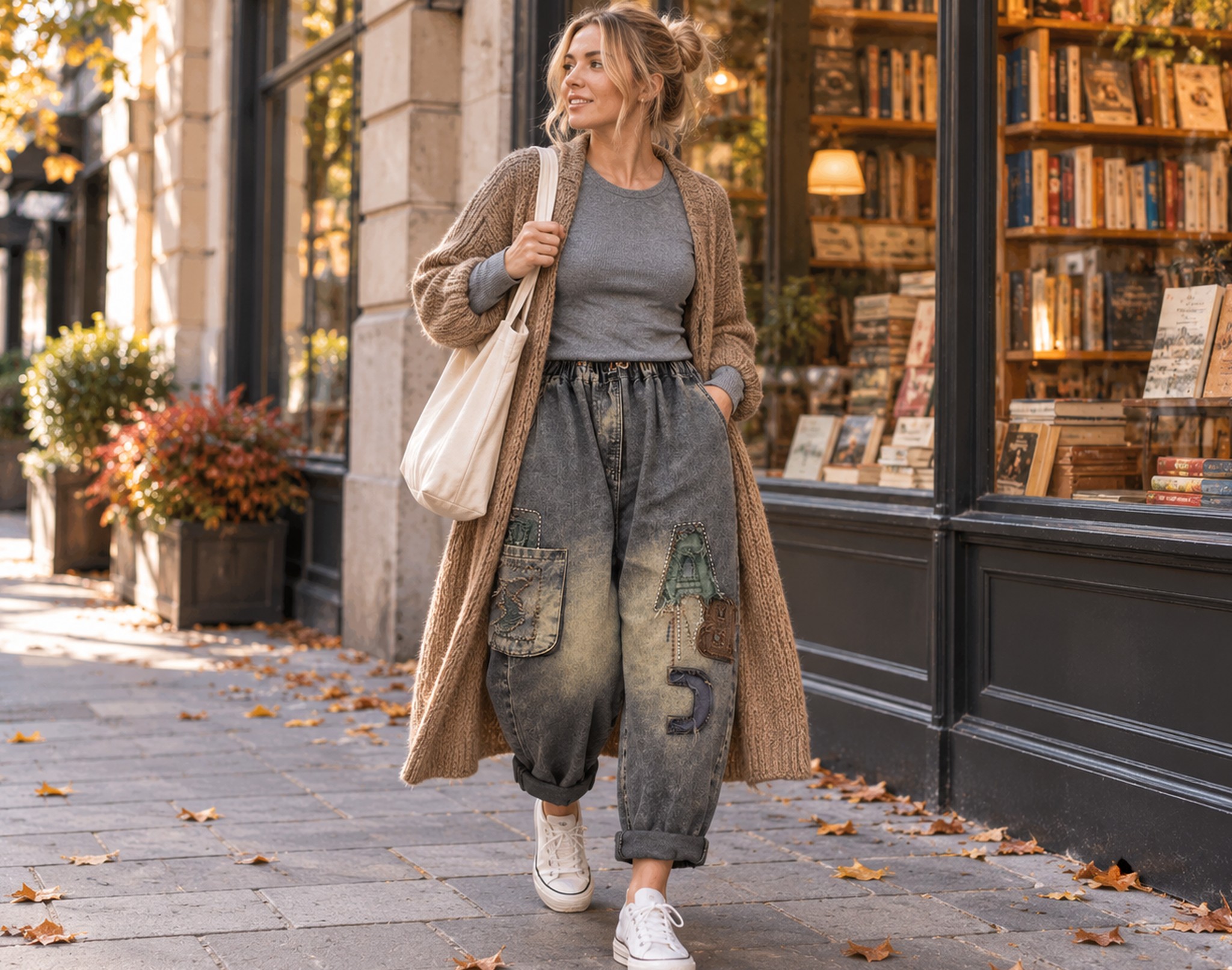 miejska stylizacja z kardiganem i płócienną torbą