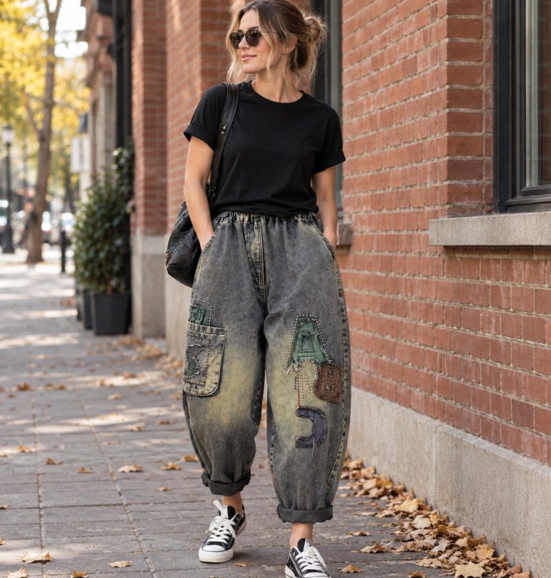 Jeansy damskie haremki z naszywkami liter, gumka w pasie, vintage - modelka w czarnym T-shircie i trampkach na miejskim chodniku przy ceglanej ścianie, jesienne światło dzienne