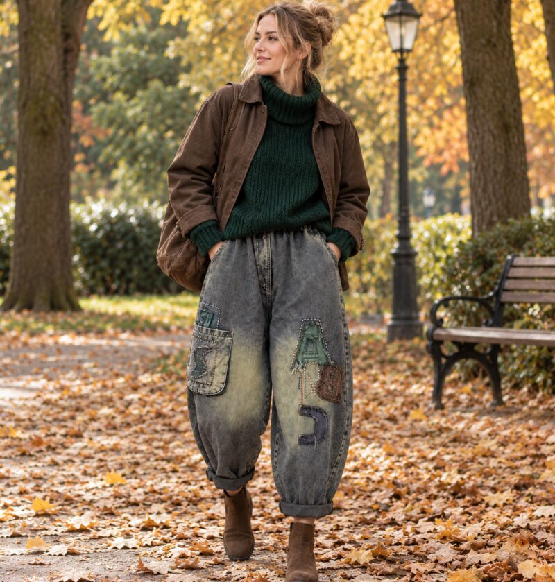 Jeansy damskie haremki z naszywkami liter, gumka w pasie, vintage - jesienny park, modelka w butelkowozielonym swetrze i brązowej kurtce