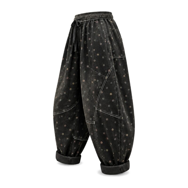 Jeansy damskie w kropki, haremki na gumce, sprane, jeden rozmiar - widok produktu