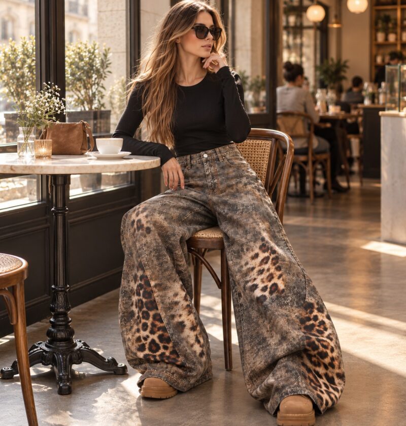 Jeansy damskie w panterkę szerokie, wysoki stan, styl Y2K, do ziemi - sesja w kawiarni, modelka w spodniach i dopasowanej stylizacji