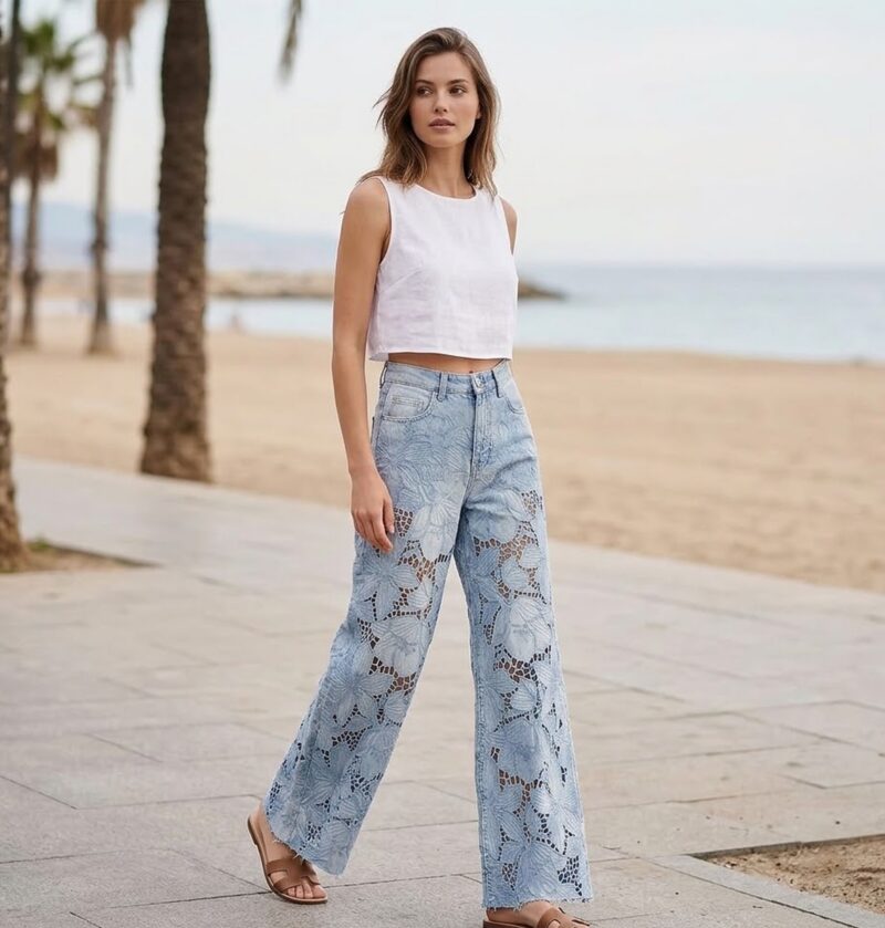 Jeansy damskie szerokie z ażurową koronką, wysoki stan, na lato - letnia sesja na nadmorskiej promenadzie, modelka w jasnoniebieskich jeansach i białym topie