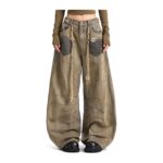 Jeansy damskie szerokie baggy z efektem sprania, retro, khaki - zdjęcie główne