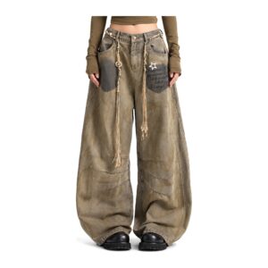 Jeansy damskie szerokie baggy z efektem sprania, retro, khaki - zdjęcie główne