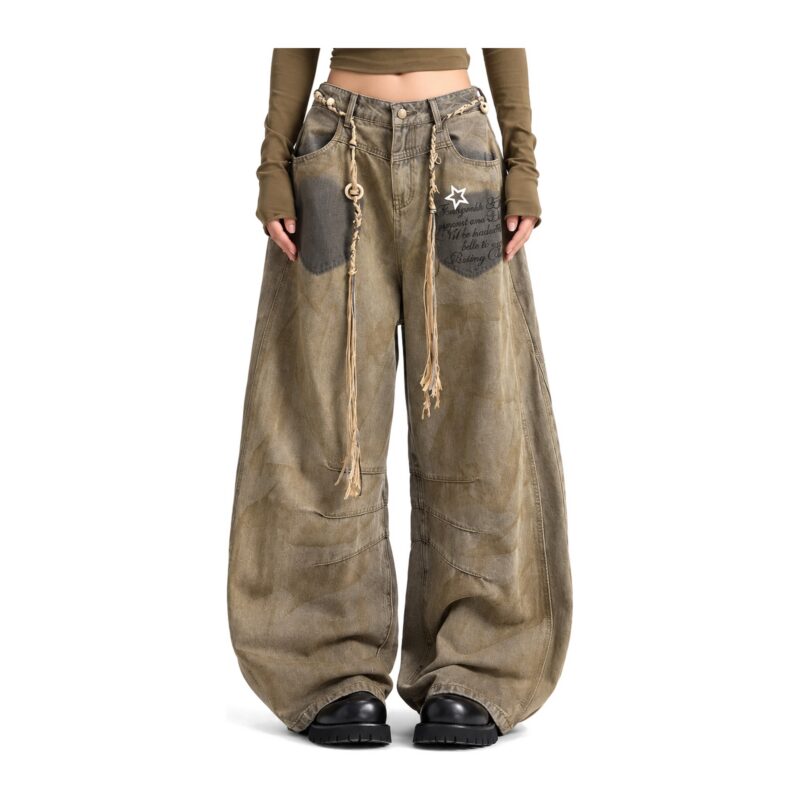 Jeansy damskie szerokie baggy z efektem sprania, retro, khaki - zdjęcie główne