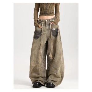 Jeansy damskie szerokie baggy z efektem sprania, retro, khaki - wariant khaki, 3XL