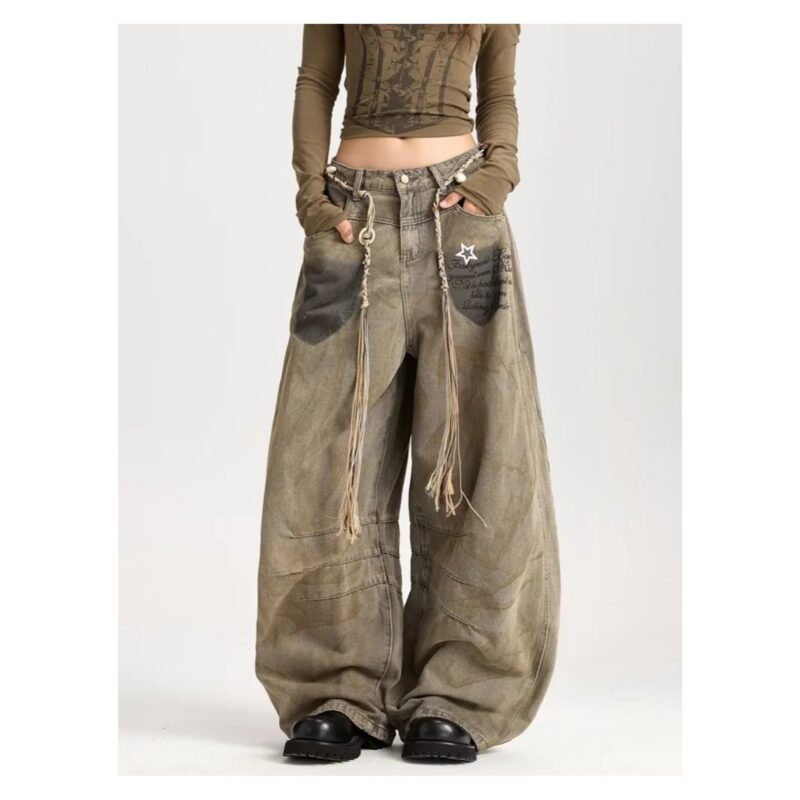 Jeansy damskie szerokie baggy z efektem sprania, retro, khaki - wariant khaki, 3XL